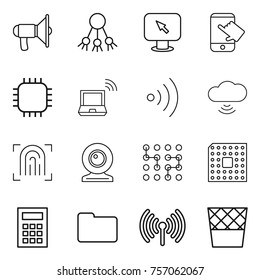 Thin line icon set : loudspeaker, share, monitor arrow, touch, chip, notebook wireless, cloud, fingerprint, web cam, cpu, calculator, documents, trash bin