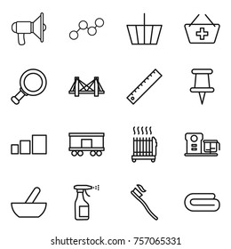 Thin line icon set : loudspeaker, graph, basket, add to, magnifier, bridge, ruler, pin, sorting, railroad shipping, radiator, food processor, mortar, sprayer, tooth brush, towel