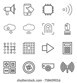Thin line icon set : loudspeaker, touch, chip, wireless, cloude service, cloud, fingerprint, crystall memory, cpu, right arrow, calculator, cooler fan, surveillance camera