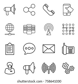 Thin line icon set : loudspeaker, share, phone, touch, globe connect, server, antenna, chip, clipboard, balloon, mail, support manager, wireless, gears