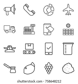 Thin line icon set : loudspeaker, phone, circle diagram, plane, truck, cashbox, touch, sun power, scales, transporter tape, mobile checking, measuring cup, turk, lemon, grape, pile of garbage