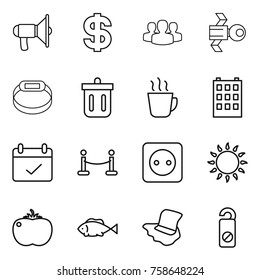 Thin line icon set : loudspeaker, dollar, group, satellite, smart bracelet, bin, hot drink, building, terms, vip fence, power socket, gas oven, tomato, fish, floor washing, do not distrub