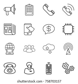 Thin line icon set : loudspeaker, clipboard, phone, call, newspaper, touch, money message, chip, notebook globe, group, cloude service, antenna, support manager, remote control, gears