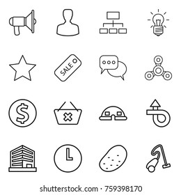 Thin line icon set : loudspeaker, man, hierarchy, bulb, star, sale, discussion, spinner, dollar coin, delete cart, dome house, trip, office, clock, potato, vacuum cleaner