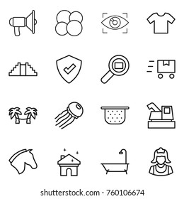 Thin line icon set : loudspeaker, atom core, eye identity, t shirt, pyramid, protected, cargo search, fast deliver, palm hammock, jellyfish, colander, harvester, horse, house cleaning, bath, cleaner