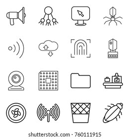 Thin line icon set : loudspeaker, share, monitor arrow, virus, wireless, cloude service, fingerprint, crystall memory, web cam, cpu, documents, baggage checking, cooler fan, trash bin, bug