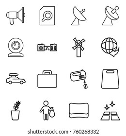 Thin line icon set : loudspeaker, search document, satellite antenna, web cam, school, windmill, delivery, car baggage, suitcase, mixer, cutting board, seedling, trash, sponge, clean floor
