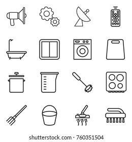 Thin line icon set : loudspeaker, gear, satellite antenna, remote control, bath, power switch, washing machine, cutting board, pan, measuring cup, whisk, hob, fork, bucket, vacuum cleaner, brush