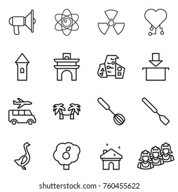Thin line icon set : loudspeaker, atom, nuclear, cardio chip, tower, arch, modern architecture, package, transfer, palm hammock, whisk, spatula, goose, garden, house cleaning, outsource
