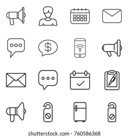 Thin line icon set : loudspeaker, woman, calendar, mail, message, money, phone wireless, megafon, sms, terms, clipboard pen, do not distrub, fridge