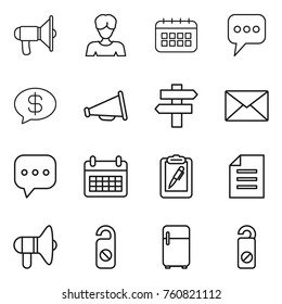 Thin line icon set : loudspeaker, woman, calendar, message, money, singlepost, mail, sms, clipboard pen, document, do not distrub, fridge