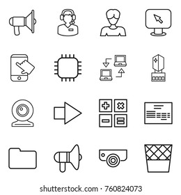 Thin line icon set : loudspeaker, call center, woman, monitor arrow, touch, chip, notebook connect, crystall memory, web cam, right, calculator, invoice, documents, surveillance camera, trash bin