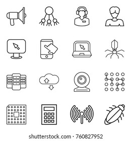 Thin line icon set : loudspeaker, share, call center, woman, monitor arrow, touch, notebook, virus, server, cloude service, web cam, chip, cpu, calculator, wireless, bug