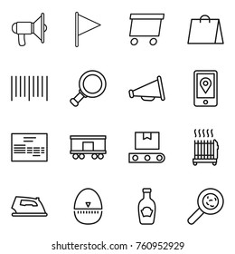 Thin line icon set : loudspeaker, flag, delivery, shopping bag, bar code, magnifier, mobile location, invoice, railroad shipping, transporter tape, radiator, iron, egg timer, ketchup, viruses