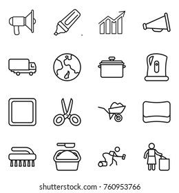 Thin line icon set : loudspeaker, marker, diagram, shipping, earth, pan, kettle, cutting board, scissors, wheelbarrow, sponge, brush, washing powder, vacuum cleaner, garbage bin