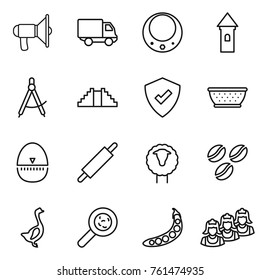 Thin line icon set : loudspeaker, delivery, necklace, tower, draw compass, pyramid, protected, colander, egg timer, rolling pin, sheep, coffee seeds, goose, viruses, peas, outsource
