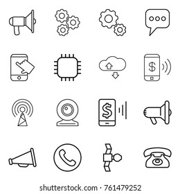 Thin line icon set : loudspeaker, gear, message, touch, chip, cloude service, phone pay, antenna, web cam, mobile, megafon, satellite