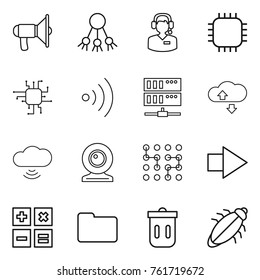 Thin line icon set : loudspeaker, share, call center, chip, wireless, server, cloude service, cloud, web cam, right arrow, calculator, documents, trash bin, bug