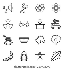 Thin line icon set : loudspeaker, courier, atom, nuclear, sale, package, transfer, rocking chair, colander, horse, garden, peas, cleaner, iron board, bug