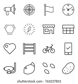 Thin line icon set : loudspeaker, target, flag, clock, hex molecule, lightning, shop, market, heart, rack, bike, mobile checking, diving mask, lemon, seeds, potato
