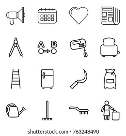 Thin line icon set : loudspeaker, calendar, heart, newspaper, drawing compasses, route a to b, mixer, toaster, stairs, fridge, sickle, flour, watering can, rake, brush, garbage bin