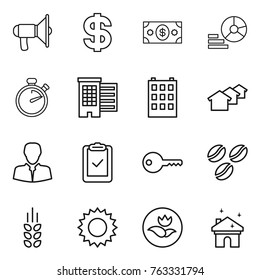 Thin line icon set : loudspeaker, dollar, money, diagram, stopwatch, houses, building, client, clipboard check, key, coffee seeds, spikelets, sun, ecology, house cleaning