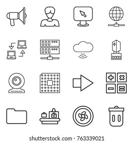 Thin line icon set : loudspeaker, woman, monitor arrow, globe connect, notebook, server, cloud wireless, crystall memory, web cam, cpu, right, calculator, documents, baggage checking, cooler fan