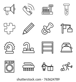 Thin line icon set : loudspeaker, call, cashbox, vial, puzzle, pencil, nipple, loading, alarm, water tap, rack, kettle, washing machine, brush, kitchen cleaning, vacuum cleaner