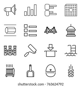 Thin line icon set : loudspeaker, graph, diagram, cpu, nano tube, list, bridge, goverment house, palace, repair, package, pool, radiator, scoop, egg timer, spikelets