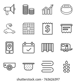 Thin line icon set : loudspeaker, coin stack, diagram, smart bracelet, electric car, cpu, receipt, atm, mobile location, terms, bar code, trailer, surveillance camera, colander, towel, spikelets