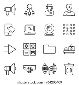 Thin line icon set : loudspeaker, share, call center, woman, touch, notebook, web cam, chip, right arrow, calculator, documents, baggage checking, surveillance camera, wireless, trash bin