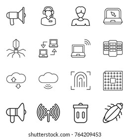 Thin line icon set : loudspeaker, call center, woman, notebook, virus, connect, wireless, server, cloude service, cloud, fingerprint, cpu, trash bin, bug