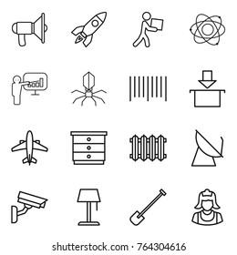 Thin line icon set : loudspeaker, rocket, courier, atom, presentation, virus, bar code, package, airplane, chest of drawers, radiator, satellite antenna, surveillance camera, floor lamp, shovel