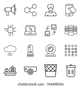Thin line icon set : loudspeaker, share, woman, touch, chip, notebook, connect, server, cloud wireless, crystall memory, web cam, baggage checking, surveillance camera, trash bin