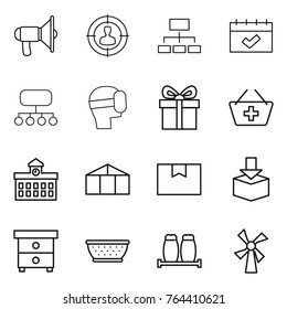 Thin line icon set : loudspeaker, target audience, hierarchy, calendar, structure, virtual mask, gift, add to basket, university, greenhouse, package box, nightstand, colander, salt pepper, windmill