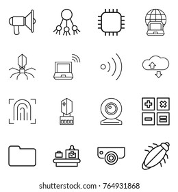 Thin line icon set : loudspeaker, share, chip, notebook globe, virus, wireless, cloude service, fingerprint, crystall memory, web cam, calculator, documents, baggage checking, surveillance camera