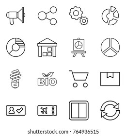 Thin Line Icon Set : Loudspeaker, Share, Gear, Circle Diagram, Warehouse, Presentation, Bulb, Bio, Cart, Package Box, Check In, Ticket, Power Switch, Reload