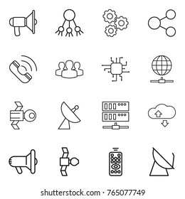 Thin line icon set : loudspeaker, share, gear, call, group, chip, globe connect, satellite, antenna, server, cloude service, megafon, remote control