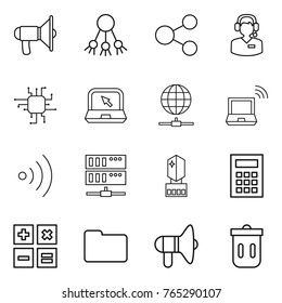 Thin line icon set : loudspeaker, share, call center, chip, notebook, globe connect, wireless, server, crystall memory, calculator, documents, trash bin