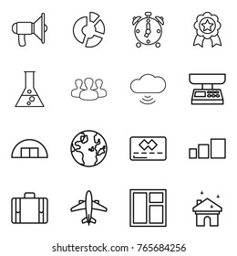 Thin line icon set : loudspeaker, circle diagram, alarm clock, medal, flask, group, cloud wireless, market scales, hangare, globe, credit card, sorting, suitcase, airplane, window, house cleaning
