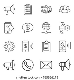 Thin line icon set : loudspeaker, clipboard, team, group, touch, money message, globe connect, satellite, round around, phone pay, mobile, megafon, mail
