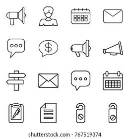 Thin line icon set : loudspeaker, woman, calendar, mail, message, money, megafon, singlepost, sms, clipboard pen, document, do not distrub