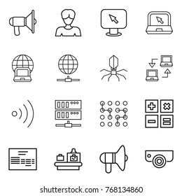 Thin line icon set : loudspeaker, woman, monitor arrow, notebook, globe, connect, virus, wireless, server, chip, calculator, invoice, baggage checking, surveillance camera