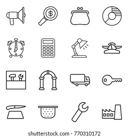 Thin line icon set : loudspeaker, dollar magnifier, purse, circle diagram, alarm clock, calculator, table lamp, scales, tools, arch, shipping, key, cutting board, colander, wrench, factory