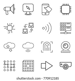 Thin line icon set : loudspeaker, monitor arrow, touch, chip, notebook connect, wireless, server, cloude service, cloud, fingerprint, web cam, cpu, right, surveillance camera