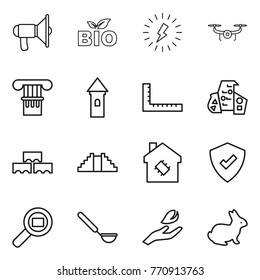 Thin line icon set : loudspeaker, bio, lightning, drone, column, tower, ruler, modern architecture, block wall, pyramid, smart house, protected, cargo search, ladle, hand leaf, rabbit