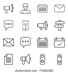 Thin line icon set : loudspeaker, woman, calendar, mail, message, phone wireless, megafon, singlepost, sms, terms, document, do not distrub