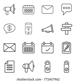 Thin line icon set : loudspeaker, calendar, mail, message, money, phone wireless, singlepost, terms, clipboard pen, document, do not distrub
