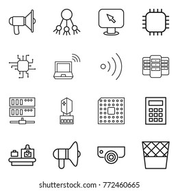 Thin line icon set : loudspeaker, share, monitor arrow, chip, notebook wireless, server, crystall memory, cpu, calculator, baggage checking, surveillance camera, trash bin