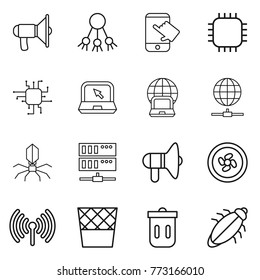 Thin line icon set : loudspeaker, share, touch, chip, notebook, globe, connect, virus, server, cooler fan, wireless, trash bin, bug